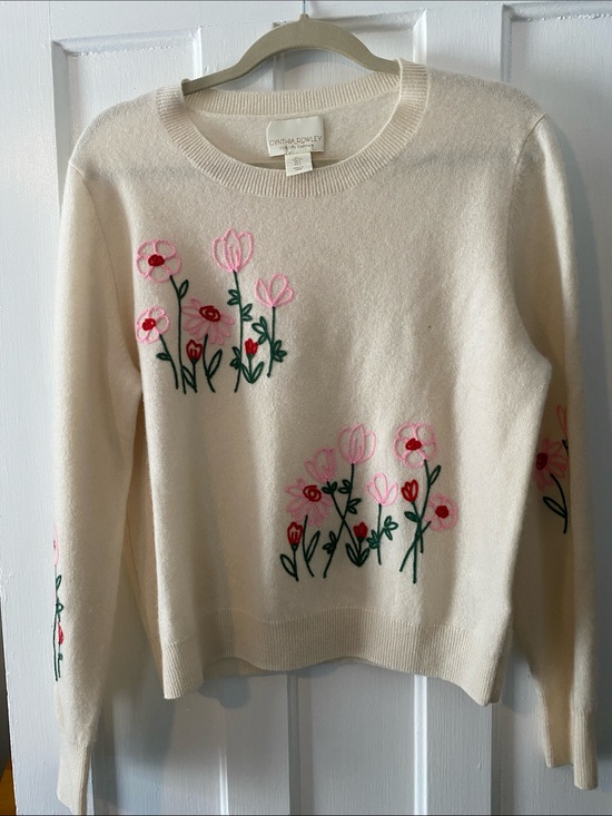 Cynthia Rowley Sweaters - Cynthia Rowley Cream Cashmere Sweater with Pink & Green Floral Embroidery